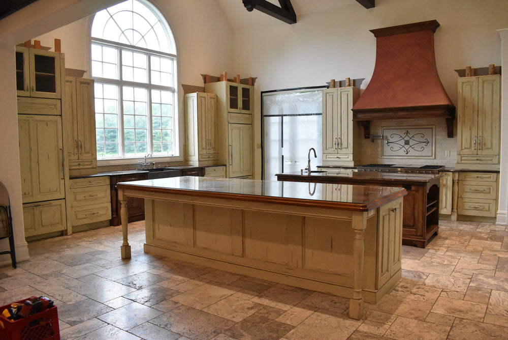 Custom Traditional Distressed Two-Tone Kitchen with Double Island, Stone Countertops and Sub-Zero & Wolf Appliances