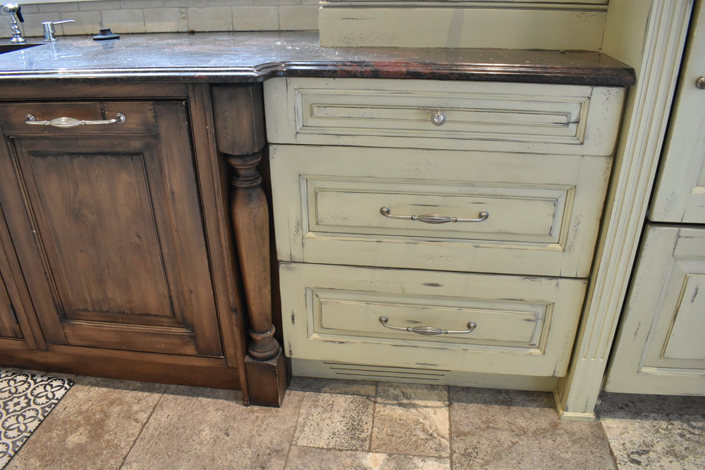 Custom Traditional Distressed Two-Tone Kitchen with Double Island, Stone Countertops and Sub-Zero & Wolf Appliances