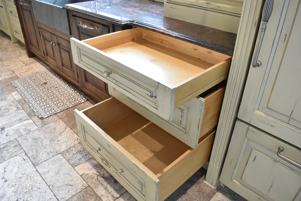 Custom Traditional Distressed Two-Tone Kitchen with Double Island, Stone Countertops and Sub-Zero & Wolf Appliances