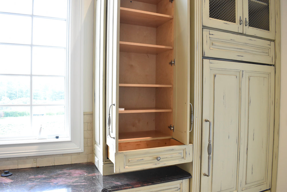 Custom Traditional Distressed Two-Tone Kitchen with Double Island, Stone Countertops and Sub-Zero & Wolf Appliances
