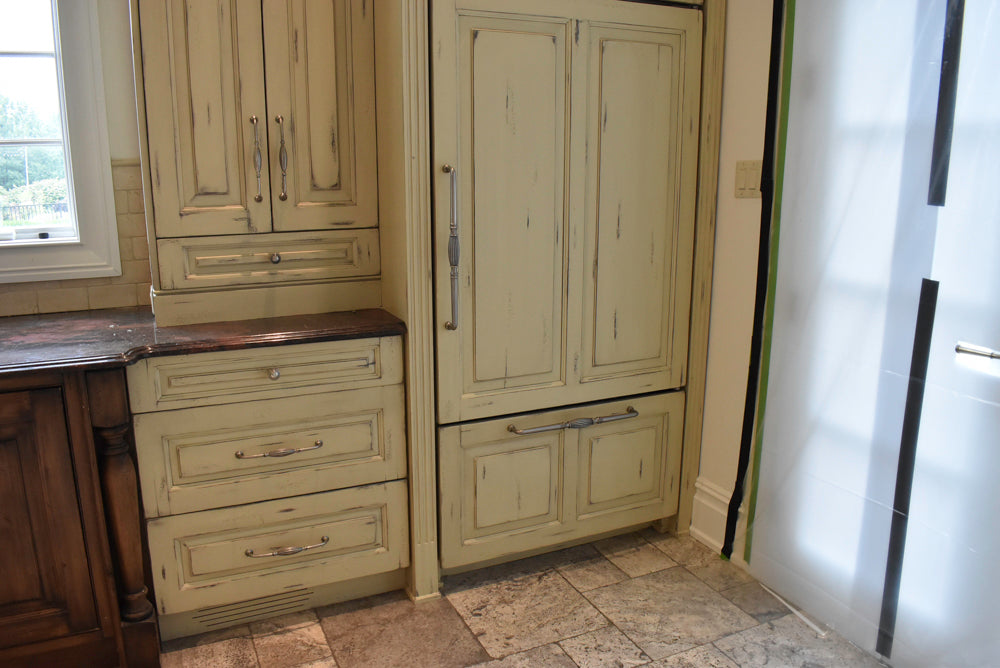 Custom Traditional Distressed Two-Tone Kitchen with Double Island, Stone Countertops and Sub-Zero & Wolf Appliances