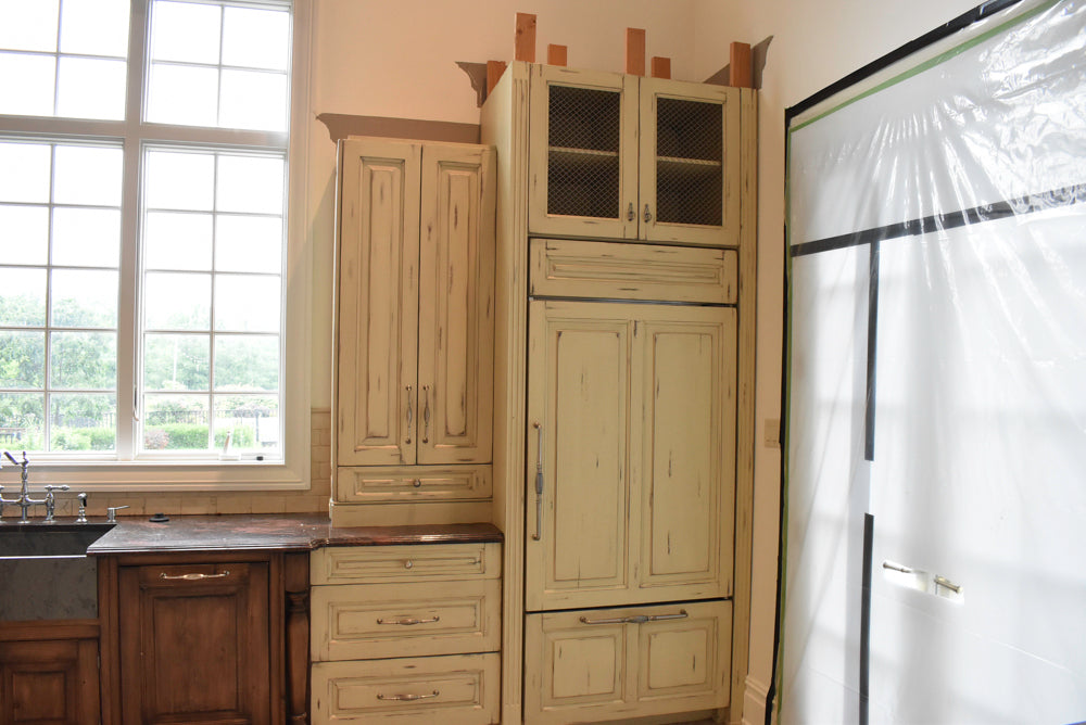 Custom Traditional Distressed Two-Tone Kitchen with Double Island, Stone Countertops and Sub-Zero & Wolf Appliances