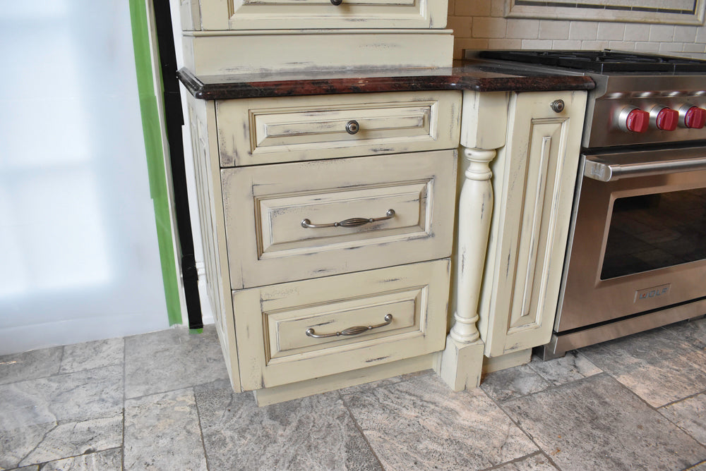 Custom Traditional Distressed Two-Tone Kitchen with Double Island, Stone Countertops and Sub-Zero & Wolf Appliances