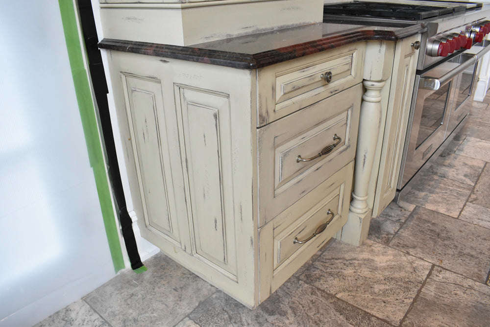 Custom Traditional Distressed Two-Tone Kitchen with Double Island, Stone Countertops and Sub-Zero & Wolf Appliances