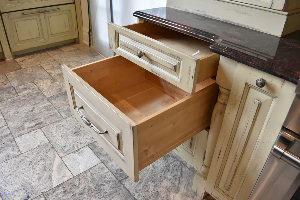 Custom Traditional Distressed Two-Tone Kitchen with Double Island, Stone Countertops and Sub-Zero & Wolf Appliances