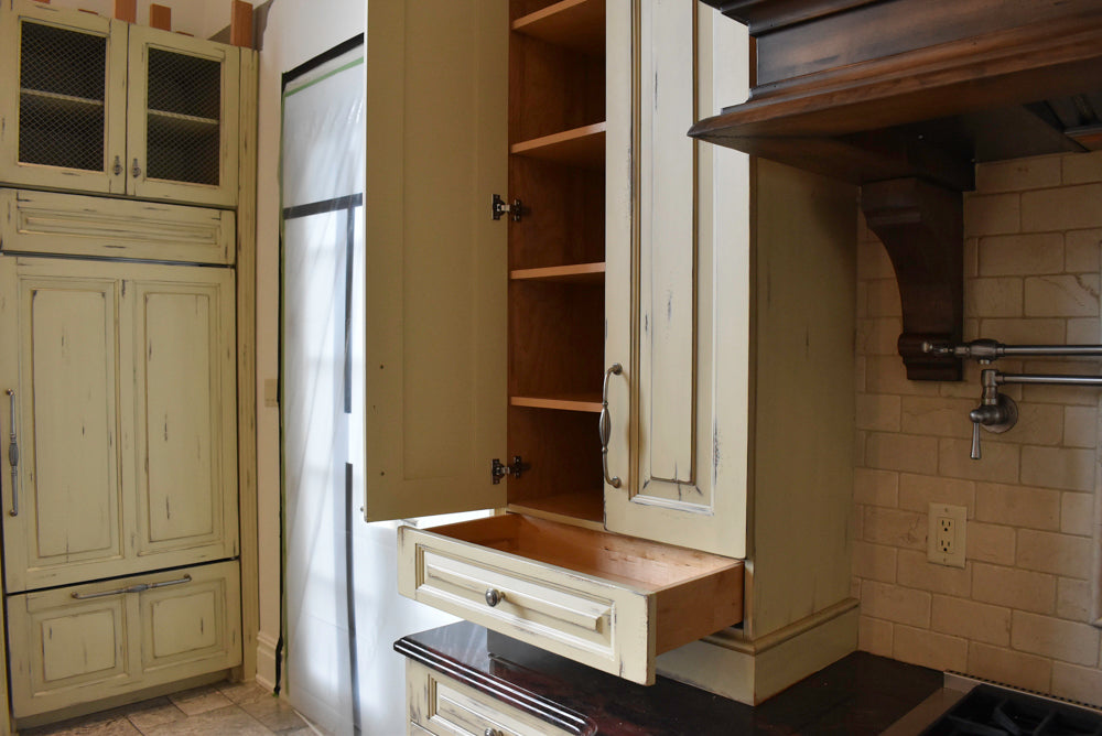 Custom Traditional Distressed Two-Tone Kitchen with Double Island, Stone Countertops and Sub-Zero & Wolf Appliances