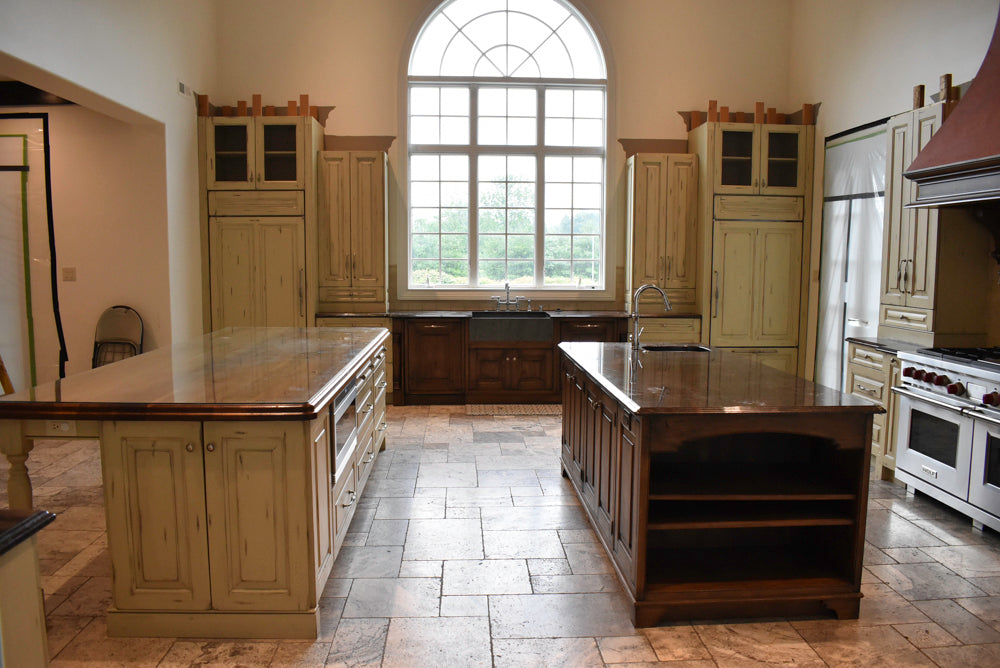 Custom Traditional Distressed Two-Tone Kitchen with Double Island, Stone Countertops and Sub-Zero & Wolf Appliances