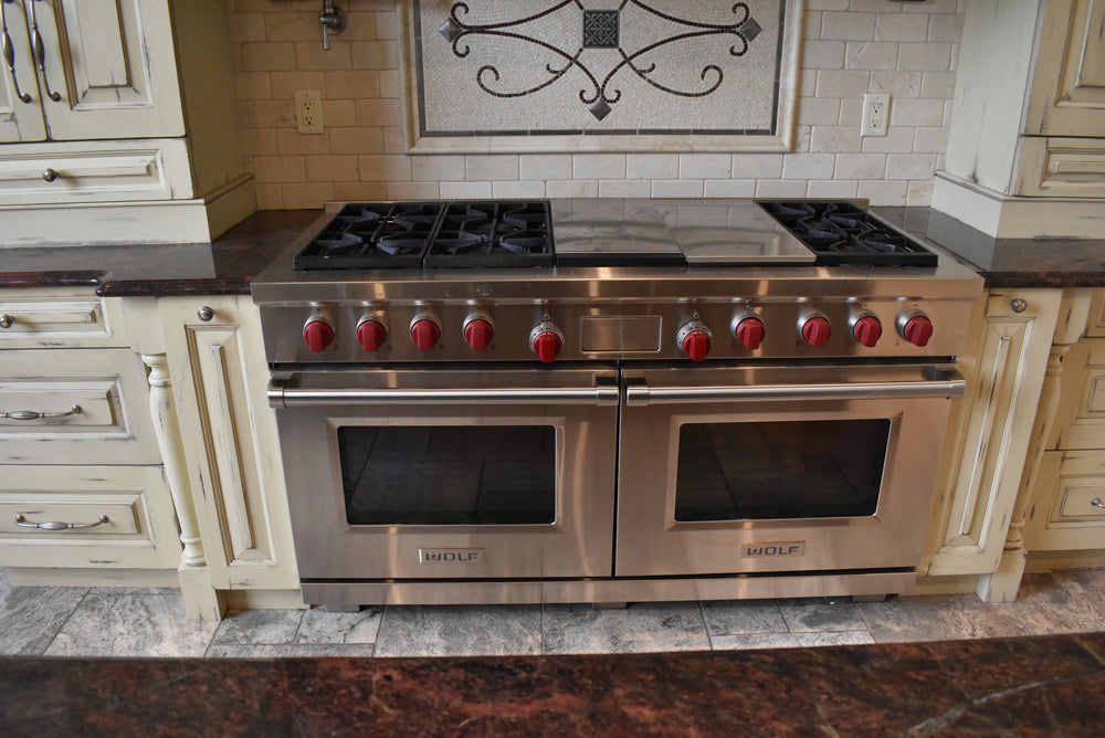 Custom Traditional Distressed Two-Tone Kitchen with Double Island, Stone Countertops and Sub-Zero & Wolf Appliances