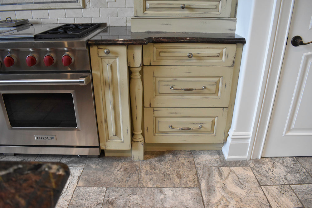 Custom Traditional Distressed Two-Tone Kitchen with Double Island, Stone Countertops and Sub-Zero & Wolf Appliances