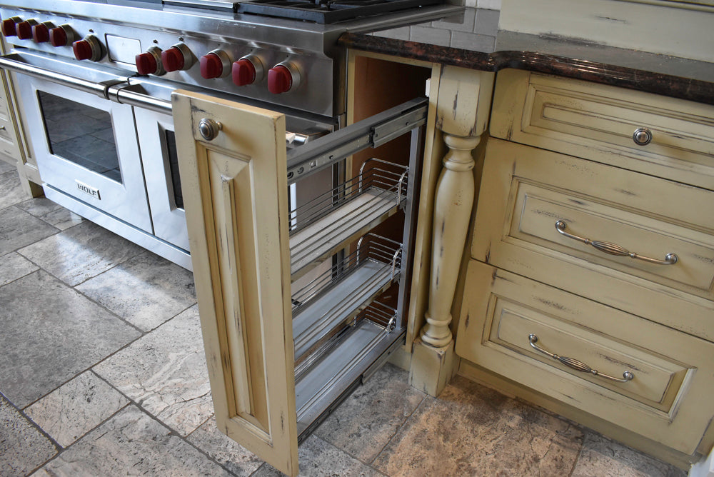 Custom Traditional Distressed Two-Tone Kitchen with Double Island, Stone Countertops and Sub-Zero & Wolf Appliances