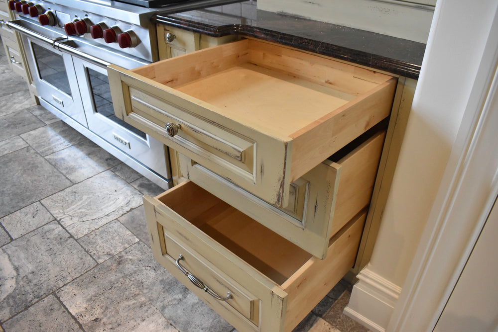 Custom Traditional Distressed Two-Tone Kitchen with Double Island, Stone Countertops and Sub-Zero & Wolf Appliances