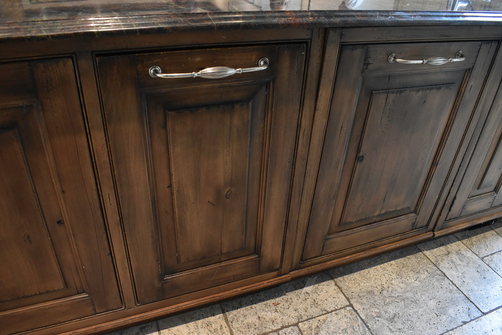 Custom Traditional Distressed Two-Tone Kitchen with Double Island, Stone Countertops and Sub-Zero & Wolf Appliances