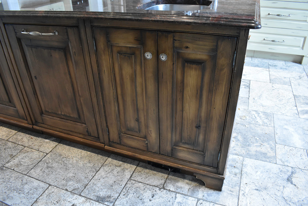 Custom Traditional Distressed Two-Tone Kitchen with Double Island, Stone Countertops and Sub-Zero & Wolf Appliances