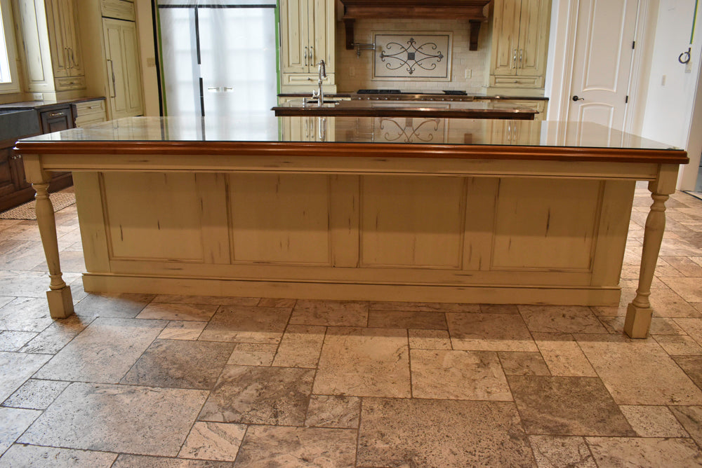 Custom Traditional Distressed Two-Tone Kitchen with Double Island, Stone Countertops and Sub-Zero & Wolf Appliances