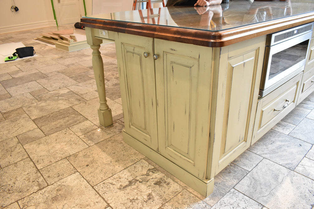 Custom Traditional Distressed Two-Tone Kitchen with Double Island, Stone Countertops and Sub-Zero & Wolf Appliances