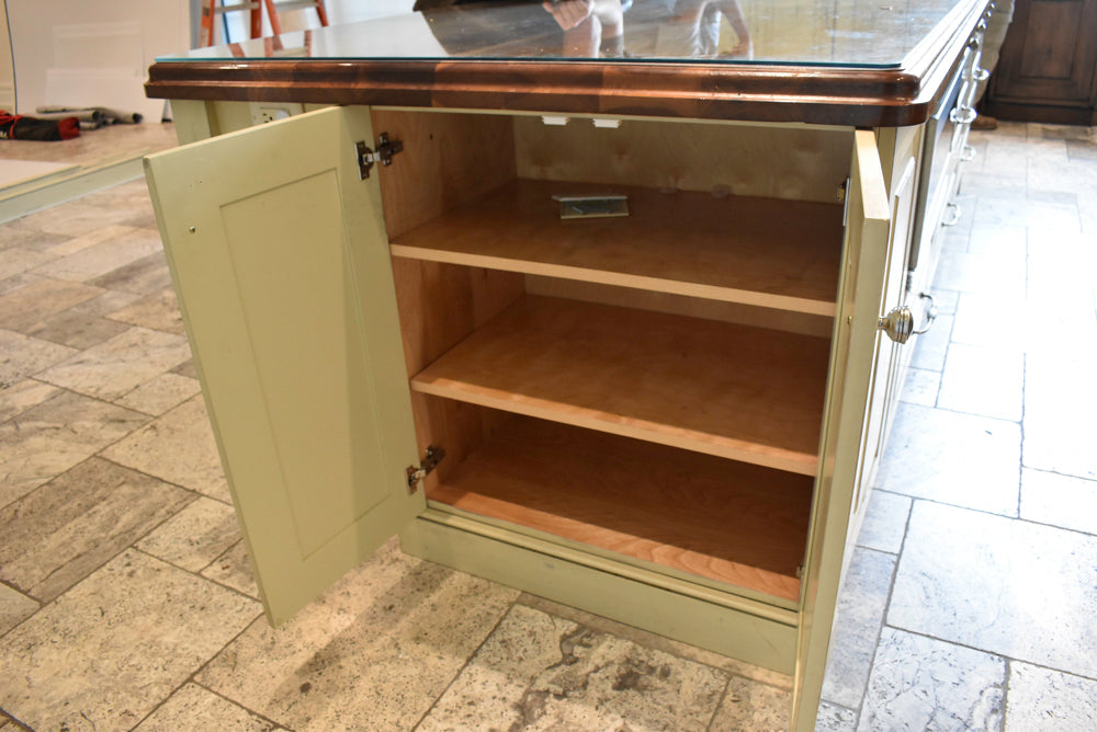 Custom Traditional Distressed Two-Tone Kitchen with Double Island, Stone Countertops and Sub-Zero & Wolf Appliances