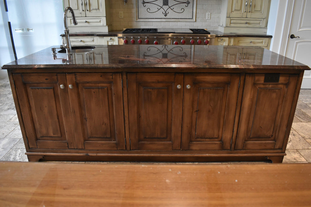 Custom Traditional Distressed Two-Tone Kitchen with Double Island, Stone Countertops and Sub-Zero & Wolf Appliances