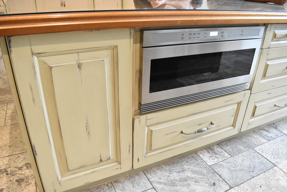 Custom Traditional Distressed Two-Tone Kitchen with Double Island, Stone Countertops and Sub-Zero & Wolf Appliances