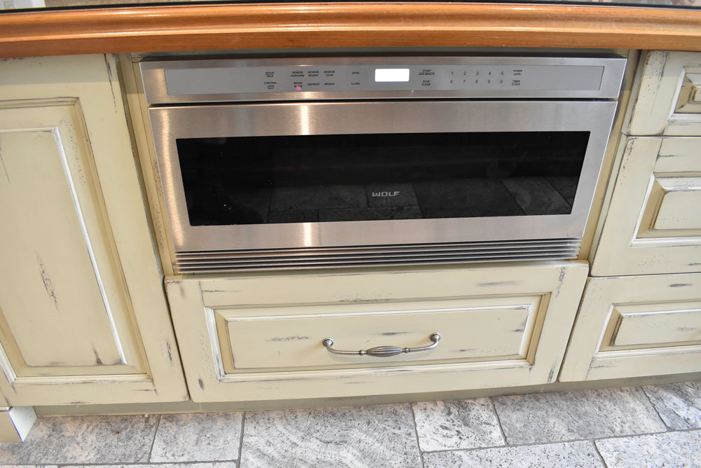Custom Traditional Distressed Two-Tone Kitchen with Double Island, Stone Countertops and Sub-Zero & Wolf Appliances