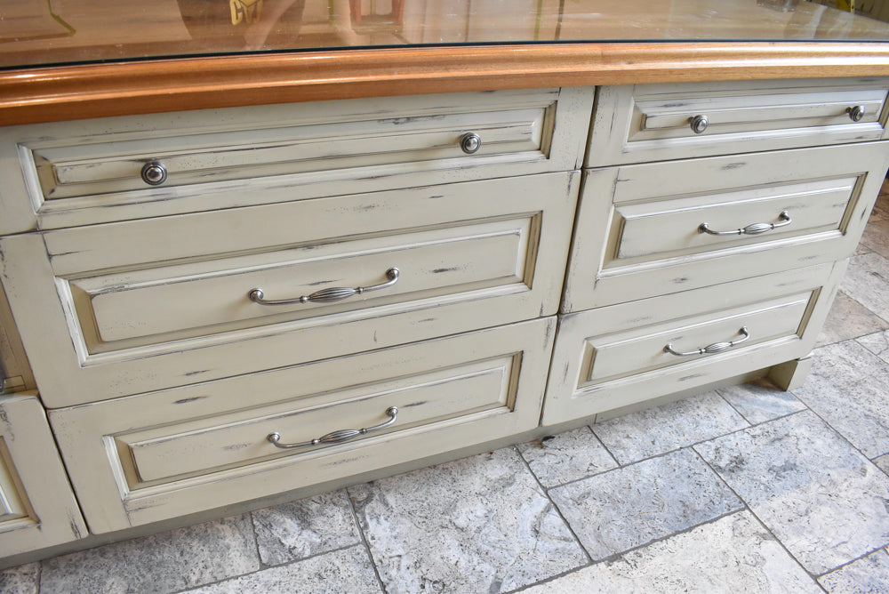Custom Traditional Distressed Two-Tone Kitchen with Double Island, Stone Countertops and Sub-Zero & Wolf Appliances