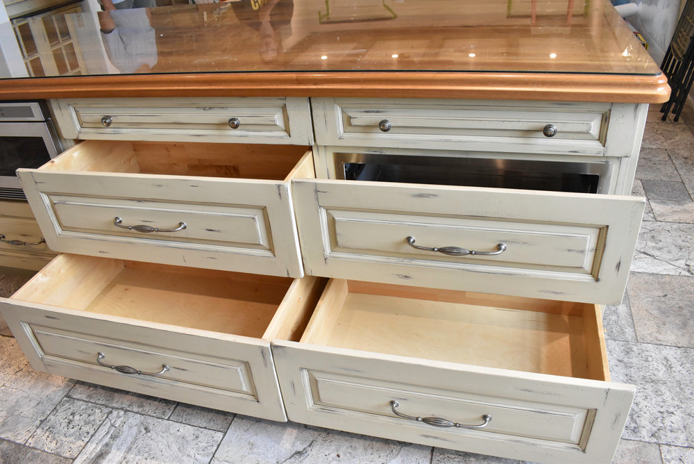 Custom Traditional Distressed Two-Tone Kitchen with Double Island, Stone Countertops and Sub-Zero & Wolf Appliances