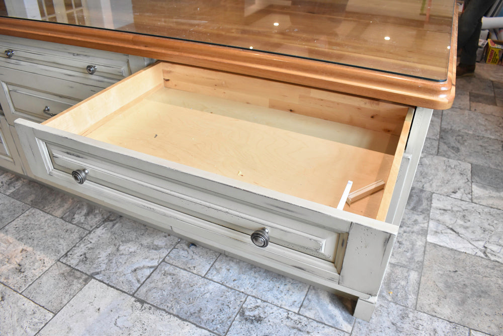 Custom Traditional Distressed Two-Tone Kitchen with Double Island, Stone Countertops and Sub-Zero & Wolf Appliances