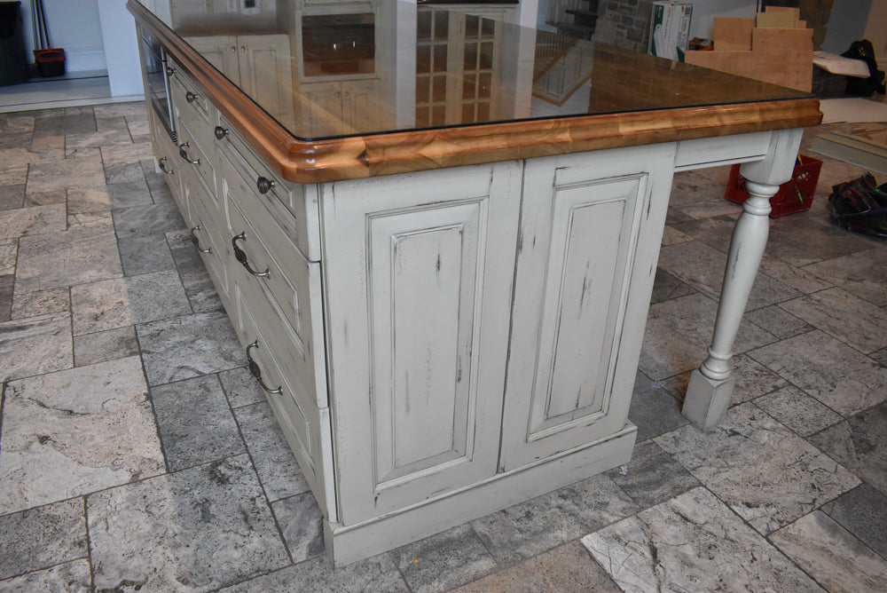 Custom Traditional Distressed Two-Tone Kitchen with Double Island, Stone Countertops and Sub-Zero & Wolf Appliances