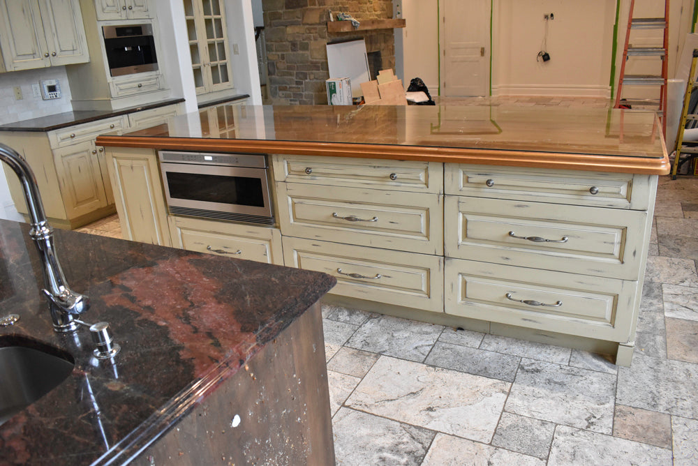 Custom Traditional Distressed Two-Tone Kitchen with Double Island, Stone Countertops and Sub-Zero & Wolf Appliances
