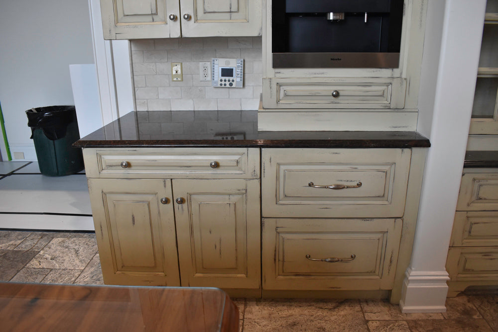 Custom Traditional Distressed Two-Tone Kitchen with Double Island, Stone Countertops and Sub-Zero & Wolf Appliances