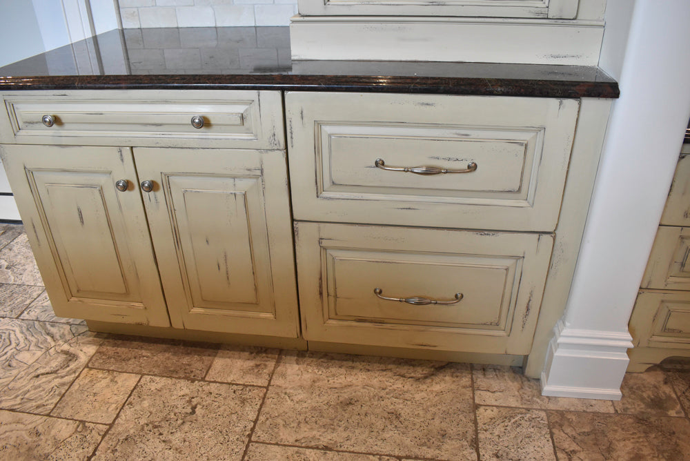 Custom Traditional Distressed Two-Tone Kitchen with Double Island, Stone Countertops and Sub-Zero & Wolf Appliances