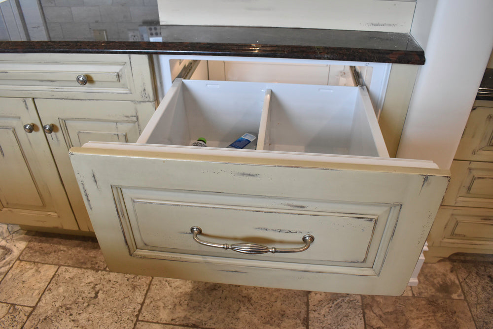 Custom Traditional Distressed Two-Tone Kitchen with Double Island, Stone Countertops and Sub-Zero & Wolf Appliances
