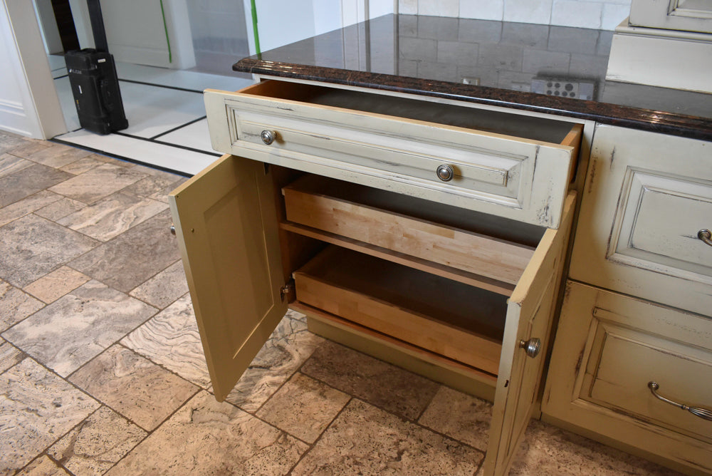 Custom Traditional Distressed Two-Tone Kitchen with Double Island, Stone Countertops and Sub-Zero & Wolf Appliances