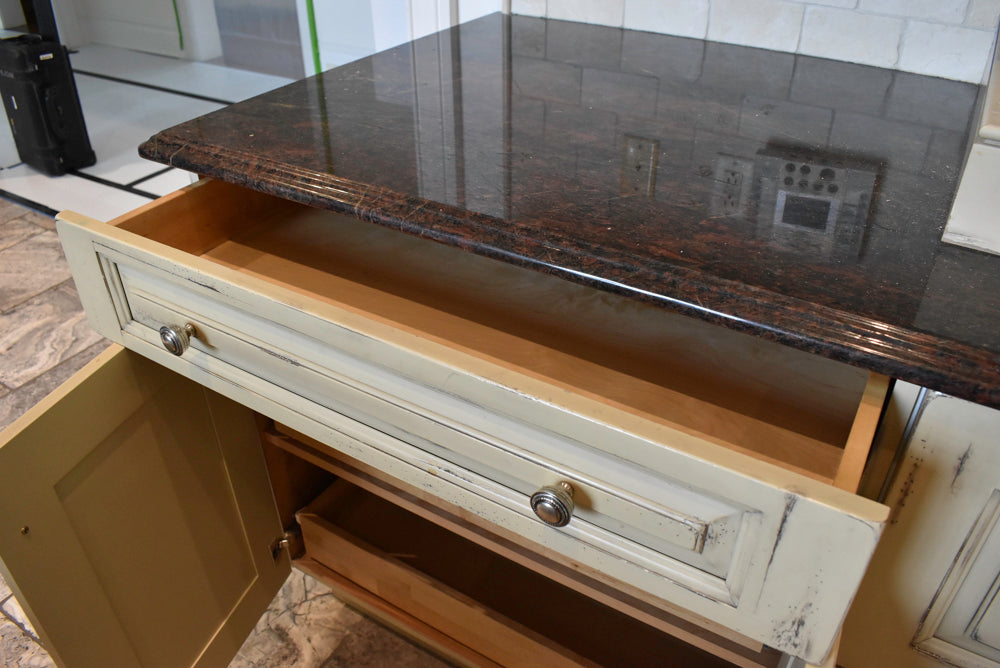 Custom Traditional Distressed Two-Tone Kitchen with Double Island, Stone Countertops and Sub-Zero & Wolf Appliances