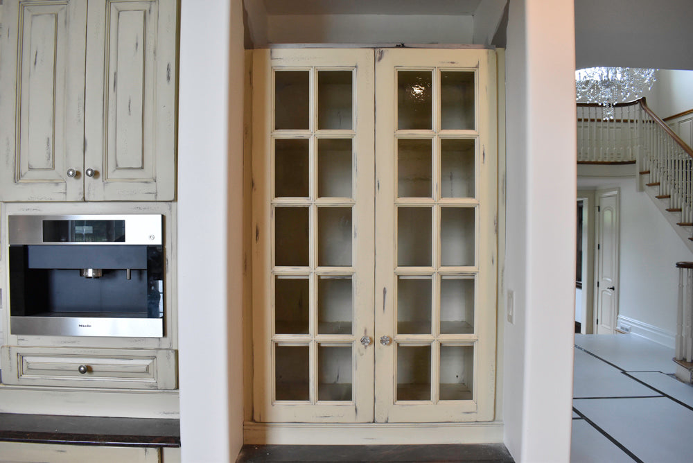 Custom Traditional Distressed Two-Tone Kitchen with Double Island, Stone Countertops and Sub-Zero & Wolf Appliances