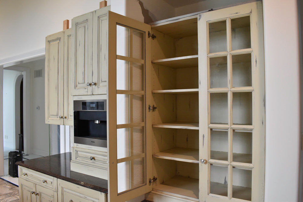 Custom Traditional Distressed Two-Tone Kitchen with Double Island, Stone Countertops and Sub-Zero & Wolf Appliances