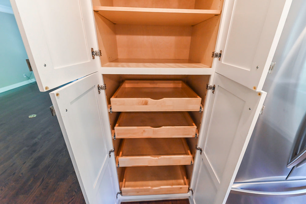 Fabuwood Transitional White Kitchen with Island and White Marble Countertops