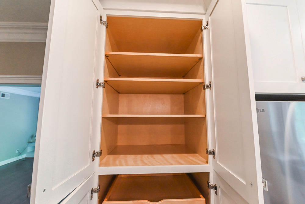 Fabuwood Transitional White Kitchen with Island and White Marble Countertops