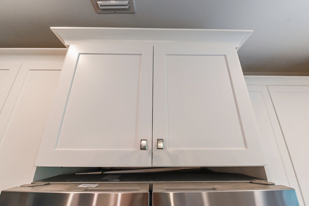 Fabuwood Transitional White Kitchen with Island and White Marble Countertops