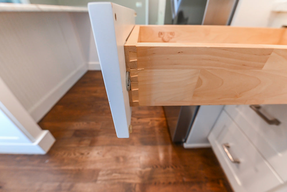 Fabuwood Transitional White Kitchen with Island and White Marble Countertops