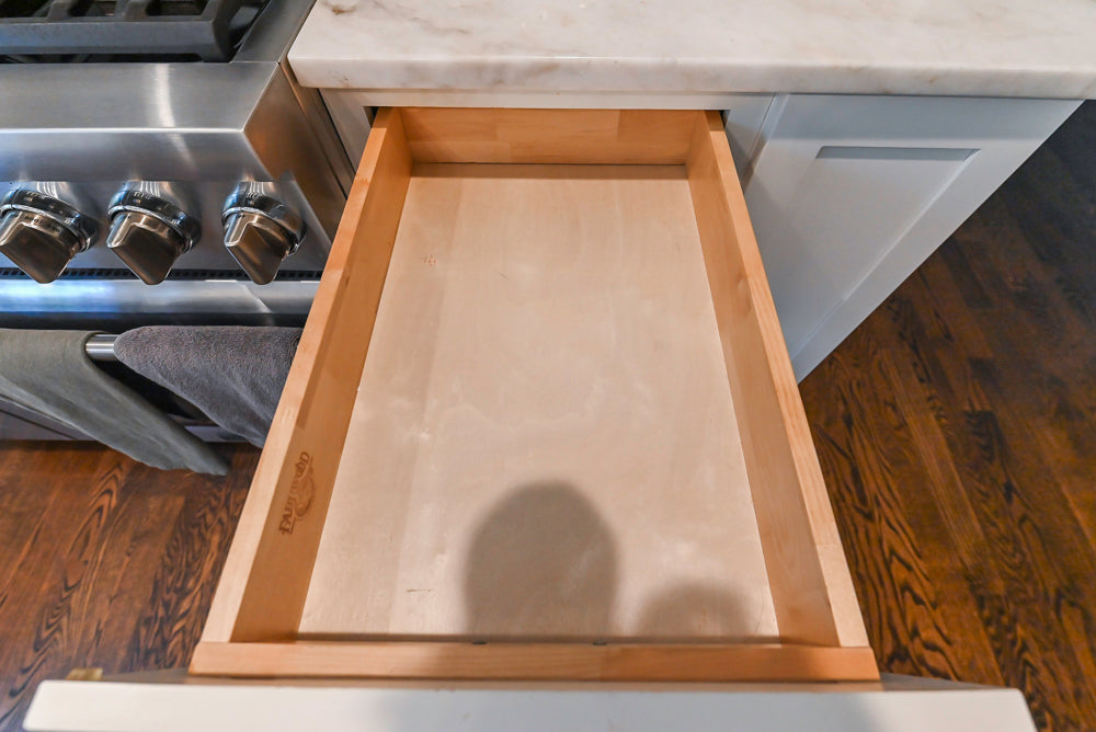 Fabuwood Transitional White Kitchen with Island and White Marble Countertops