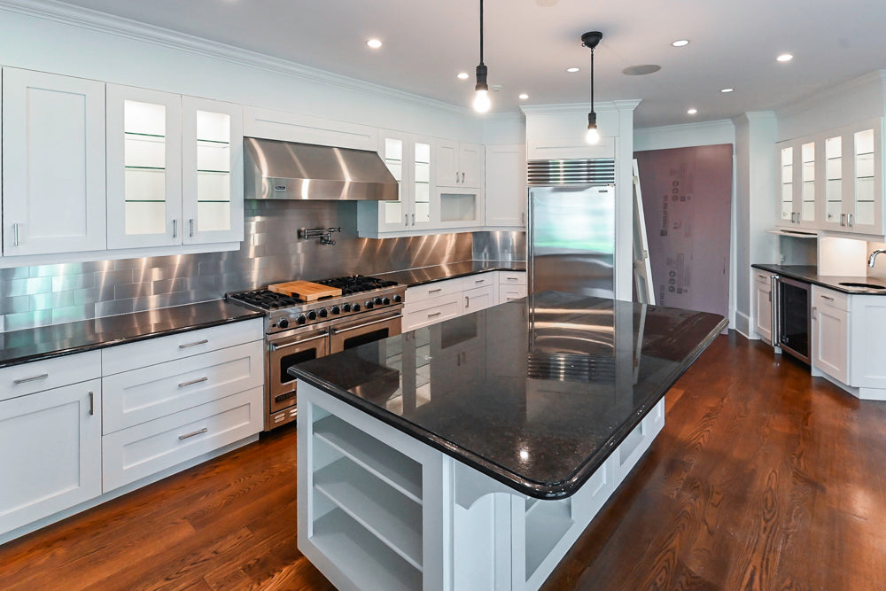 Rutt Transitional White Kitchen with Island, Wet Bar, Granite Countertops & Appliances