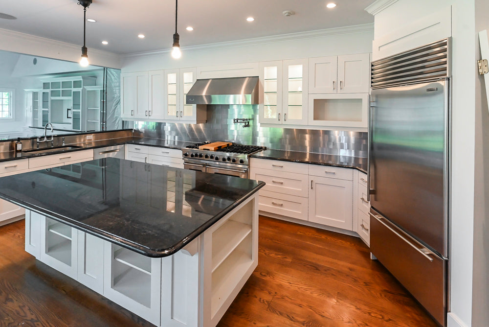 Rutt Transitional White Kitchen with Island, Wet Bar, Granite Countertops & Appliances