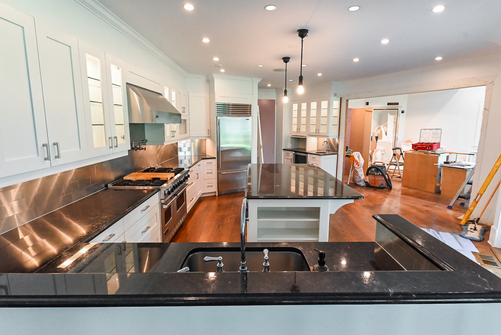 Rutt Transitional White Kitchen with Island, Wet Bar, Granite Countertops & Appliances