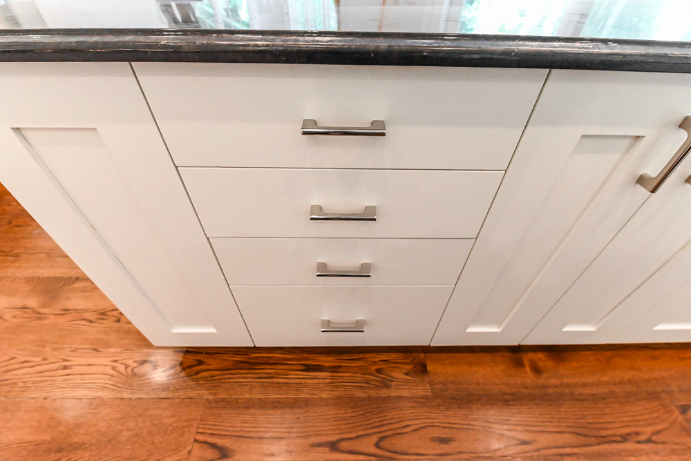 Rutt Transitional White Kitchen with Island, Wet Bar, Granite Countertops & Appliances