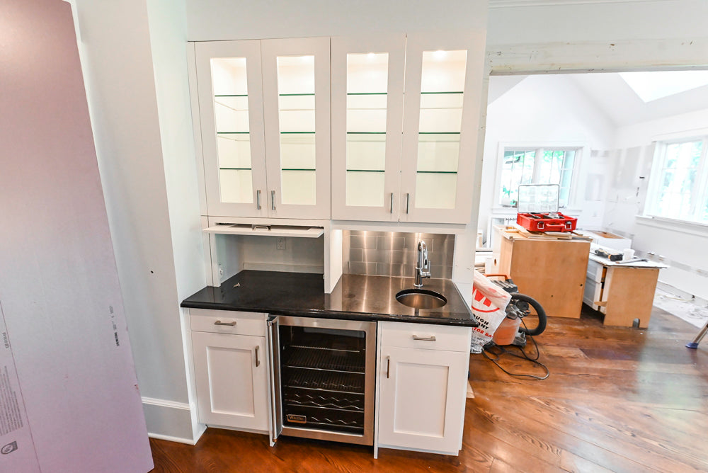 Rutt Transitional White Kitchen with Island, Wet Bar, Granite Countertops & Appliances