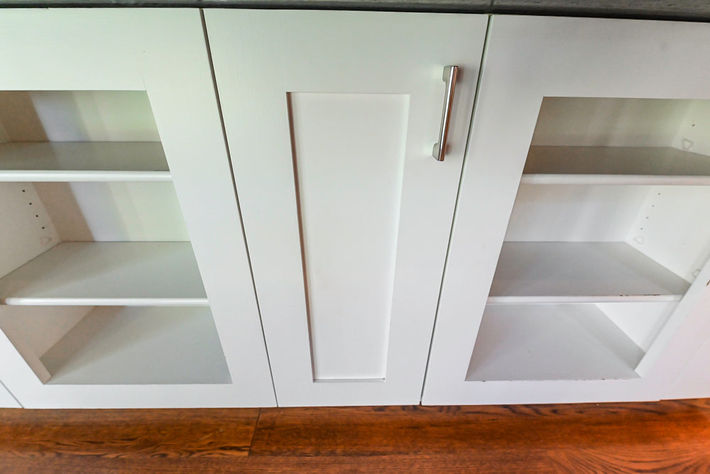 Rutt Transitional White Kitchen with Island, Wet Bar, Granite Countertops & Appliances