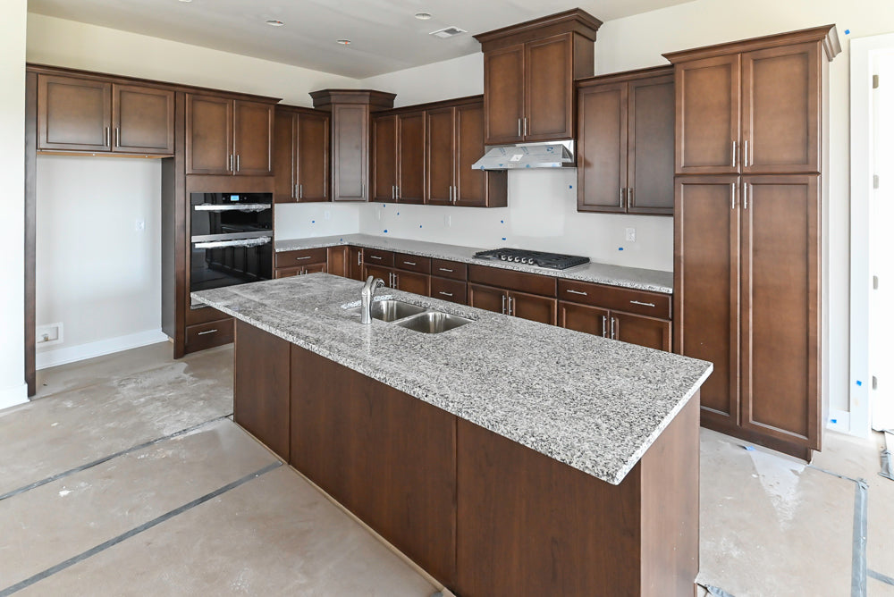 Century Transitional Dark Brown Wooden Kitchen with Island, Granite Countertops and Appliances