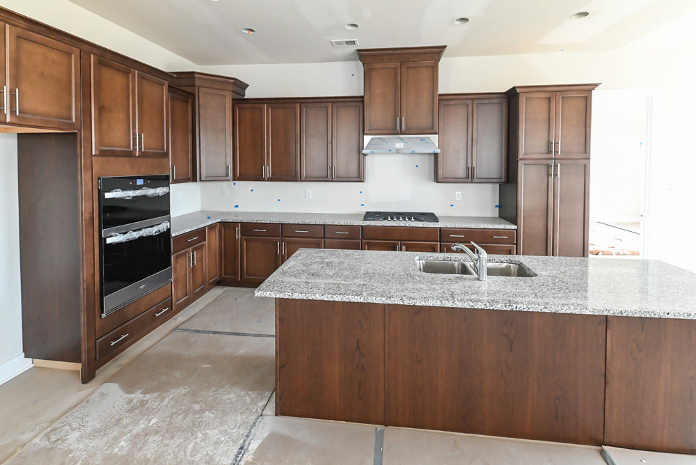 Century Transitional Dark Brown Wooden Kitchen with Island, Granite Countertops and Appliances