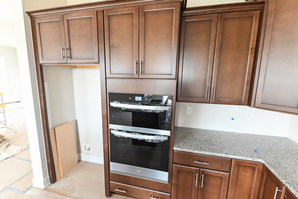 Century Transitional Dark Brown Wooden Kitchen with Island, Granite Countertops and Appliances