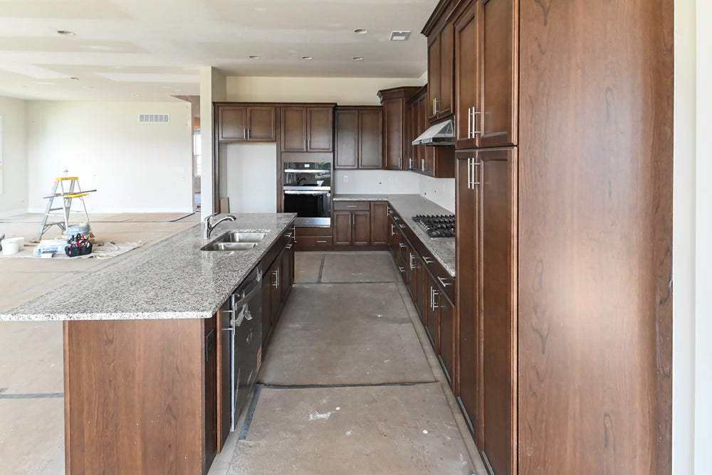 Century Transitional Dark Brown Wooden Kitchen with Island, Granite Countertops and Appliances
